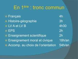 En 1ère : tronc commun
 Français 4h
 Histoire-géographie 3h
 LV A et LV B 4h30
 EPS 2h
 Enseignement scientifique 2h
 Enseignement moral et civique 18h/an
 Accomp. au choix de l’orientation 54h/an
 