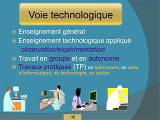  Enseignement général
 Enseignement technologique appliqué
observation/expérimentation
 Travail en groupe et en autonomie
 Travaux pratiques (TP) en laboratoire, en salle
d’informatique, de technologie, en atelier.
Voie technologique
 