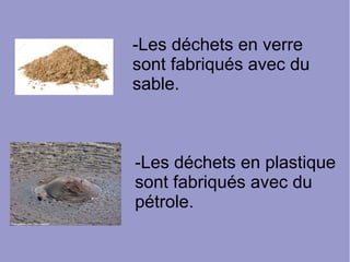 -Les déchets en verre
sont fabriqués avec du
sable.
-Les déchets en plastique
sont fabriqués avec du
pétrole.
 
