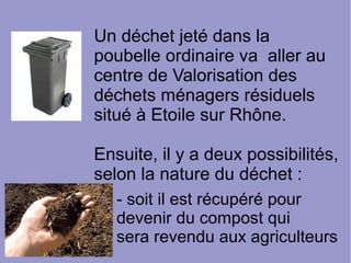 Un déchet jeté dans la
poubelle ordinaire va aller au
centre de Valorisation des
déchets ménagers résiduels
situé à Etoile sur Rhône.
Ensuite, il y a deux possibilités,
selon la nature du déchet :
- soit il est récupéré pour
devenir du compost qui
sera revendu aux agriculteurs
 