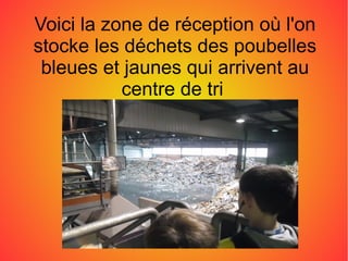 Voici la zone de réception où l'on
stocke les déchets des poubelles
bleues et jaunes qui arrivent au
centre de tri
 