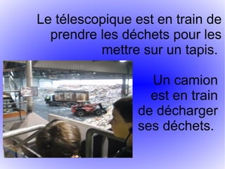 Le télescopique est en train de
prendre les déchets pour les
mettre sur un tapis.
Un camion
est en train
de décharger
ses déchets.
 
