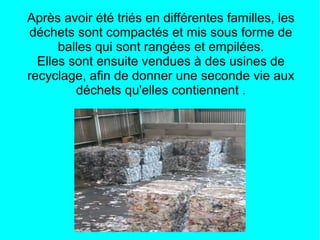 Après avoir été triés en différentes familles, les
déchets sont compactés et mis sous forme de
balles qui sont rangées et empilées.
Elles sont ensuite vendues à des usines de
recyclage, afin de donner une seconde vie aux
déchets qu'elles contiennent .
 
