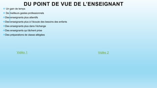 DU POINT DE VUE DE L’ENSEIGNANT
 Un gain de temps
 De meilleurs gestes professionnels
Des enseignants plus attentifs
Des enseignants plus à l’écoute des besoins des enfants
Des enseignants plus dans l’échange
Des enseignants qui lâchent prise
Des préparations de classe allégées
Vidéo 1 Vidéo 2
 