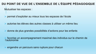 DU POINT DE VUE DE L’ENSEMBLE DE L’ÉQUIPE PÉDAGOGIQUE
Mutualiser les espaces :
 permet d’exploiter au mieux tous les espaces de l’école
 autorise les élèves des autres classes à utiliser un même lieu
 donne de plus grandes possibilités d’actions pour les enfants
 favorise un accompagnement maximal des individus sur le chemin de
l’autonomie
 engendre un parcours sans rupture pour chacun
 