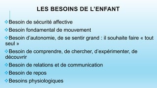 LES BESOINS DE L’ENFANT
Besoin de sécurité affective
Besoin fondamental de mouvement
Besoin d’autonomie, de se sentir grand : il souhaite faire « tout
seul »
Besoin de comprendre, de chercher, d’expérimenter, de
découvrir
Besoin de relations et de communication
Besoin de repos
Besoins physiologiques
 