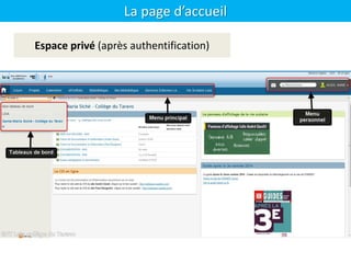 La page d’accueil
Espace privé (après authentification)
 