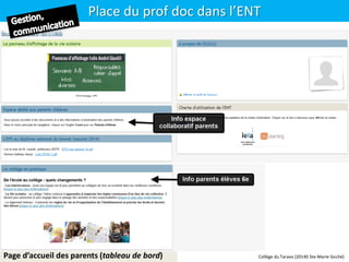 Place du prof doc dans l’ENT
Page d’accueil des parents (tableau de bord) Collège du Taravo (20140 Ste-Marie-Sicché)
 