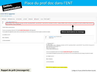 Place du prof doc dans l’ENT
Rappel de prêt (messagerie) Collège du Taravo (20140 Ste-Marie-Sicché)
 