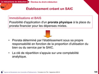 Agence de Mutualisation des Universités et Établissements - Formation à la TVA - Septembre 2003 © 100
Étendue du droit à déduction
Le mécanisme de déduction
Établissement créant un SAIC
• Prorata déterminé par l'établissement sous sa propre
responsabilité en fonction de la proportion d'utilisation du
bien ou du service par le SAIC.
• La clé de répartition s'appuie sur une comptabilité
analytique.
Immobilisations et BAIS
Possibilité d'application d'un prorata physique à la place du
prorata financier pour les dépenses mixtes.
 