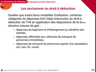 Agence de Mutualisation des Universités et Établissements - Formation à la TVA - Septembre 2003 © 101
Étendue du droit à déduction
Le mécanisme de déduction
Les exclusions du droit à déduction
Quelles que soient leurs modalités d'utilisation, certaines
catégories de dépenses font l'objet d'exclusion du droit à
déduction de TVA en application des dispositions de la 6ème
directive (clause de gel) :
– dépenses de logement et d'hébergement au bénéfice des
salariés,
– dépenses afférentes aux véhicules de transport de
personnes immobilisés,
– dépenses de transport de personnes auprès d'un prestataire
(air, eau, fer, route).
 