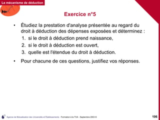 Agence de Mutualisation des Universités et Établissements - Formation à la TVA - Septembre 2003 © 106
Le mécanisme de déduction
Exercice n°5
• Étudiez la prestation d'analyse présentée au regard du
droit à déduction des dépenses exposées et déterminez :
1. si le droit à déduction prend naissance,
2. si le droit à déduction est ouvert,
3. quelle est l'étendue du droit à déduction.
• Pour chacune de ces questions, justifiez vos réponses.
 