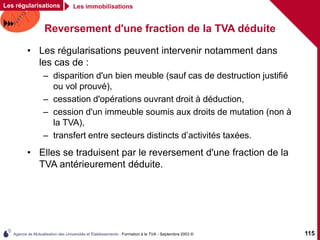 Agence de Mutualisation des Universités et Établissements - Formation à la TVA - Septembre 2003 © 115
Reversement d'une fraction de la TVA déduite
• Les régularisations peuvent intervenir notamment dans
les cas de :
– disparition d'un bien meuble (sauf cas de destruction justifié
ou vol prouvé),
– cessation d'opérations ouvrant droit à déduction,
– cession d'un immeuble soumis aux droits de mutation (non à
la TVA),
– transfert entre secteurs distincts d’activités taxées.
• Elles se traduisent par le reversement d'une fraction de la
TVA antérieurement déduite.
Les régularisations Les immobilisations
 