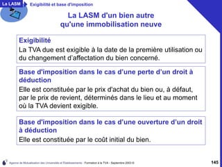 Agence de Mutualisation des Universités et Établissements - Formation à la TVA - Septembre 2003 © 145
La LASM d'un bien autre
qu'une immobilisation neuve
Exigibilité
La TVA due est exigible à la date de la première utilisation ou
du changement d’affectation du bien concerné.
Base d'imposition dans le cas d’une perte d’un droit à
déduction
Elle est constituée par le prix d'achat du bien ou, à défaut,
par le prix de revient, déterminés dans le lieu et au moment
où la TVA devient exigible.
La LASM Exigibilité et base d'imposition
Base d'imposition dans le cas d’une ouverture d’un droit
à déduction
Elle est constituée par le coût initial du bien.
 