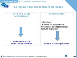 Agence de Mutualisation des Universités et Établissements - Formation à la TVA - Septembre 2003 © 148
Le régime fiscal des locations de locaux
Les opérations imposées sur option
Le champ d'application
Local aménagé
• Condition :
Contient les équipements
nécessaires et indispensables à
l’activité du preneur.
Soumis à TVA de plein droit
Local nu à usage
professionnel
Non soumis à TVA
sauf si option formulée
 