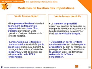 Agence de Mutualisation des Universités et Établissements - Formation à la TVA - Septembre 2003 © 150
Modalités de taxation des importations
Vente franco domicile
• Le transfert de propriété
n’intervient que lors de la remise du
bien par le vendeur à l’acquéreur au
lieu d’établissement de ce dernier
situé sur le territoire français.
• L’importation sur le territoire
communautaire est réalisée par le
propriétaire du bien au moment du
passage à la frontière, c’est-à-dire
le vendeur. C’est ce dernier qui
redevable de la TVA à
l’importation.
Les règles de territorialité Les opérations portant sur des biens
Les opérations portant sur des biens
Vente franco départ
• Une première livraison intervient
au moment du transfert de
propriété du bien dans l’État
d’origine du vendeur. Cette
opération n’est pas réalisée sur le
territoire français.
• L’importation sur le territoire
communautaire est réalisée par le
propriétaire du bien au moment du
passage à la frontière, c’est-à-dire
l’acquéreur. C’est ce dernier qui
est redevable de la TVA à
l’importation.
 