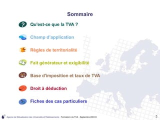 Agence de Mutualisation des Universités et Établissements - Formation à la TVA - Septembre 2003 © 2
Sommaire
• Qu'est-ce que la TVA ?
• Champ d’application
• Règles de territorialité
• Fait générateur et exigibilité
• Base d'imposition et taux de TVA
• Droit à déduction
• Fiches des cas particuliers
 