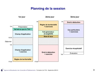 Agence de Mutualisation des Universités et Établissements - Formation à la TVA - Septembre 2003 © 3
Planning de la session
9h
17h30
Règles de territorialité
+ exercices
Fait générateur
et exigibilité
Base & taux
Droit à déduction
+ exercice
2ème jour
10h
14h
17h30
12h30
Déjeuner
Présentation
Champ d'application
Champ d'application
+ exercice
Qu'est-ce que la TVA ?
1er jour
Règles de territorialité
16h
9h
Évaluation
Cas particuliers
+ exercices
Exercice récapitulatif
3ème jour
Droit à déduction
 