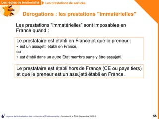 Agence de Mutualisation des Universités et Établissements - Formation à la TVA - Septembre 2003 © 55
Dérogations : les prestations "immatérielles"
Les prestations de services
Les règles de territorialité
Les prestations "immatérielles" sont imposables en
France quand :
Le prestataire est établi en France et que le preneur :
• est un assujetti établi en France,
ou
• est établi dans un autre État membre sans y être assujetti.
Le prestataire est établi hors de France (CE ou pays tiers)
et que le preneur est un assujetti établi en France.
 