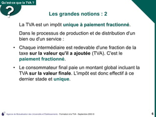 Agence de Mutualisation des Universités et Établissements - Formation à la TVA - Septembre 2003 © 6
Les grandes notions : 2
La TVA est un impôt unique à paiement fractionné.
Dans le processus de production et de distribution d'un
bien ou d'un service :
• Chaque intermédiaire est redevable d'une fraction de la
taxe sur la valeur qu'il a ajoutée (TVA). C'est le
paiement fractionné.
• Le consommateur final paie un montant global incluant la
TVA sur la valeur finale. L'impôt est donc effectif à ce
dernier stade et unique.
Qu’est-ce que la TVA ?
 