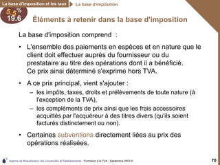 Agence de Mutualisation des Universités et Établissements - Formation à la TVA - Septembre 2003 © 70
La base d'imposition et les taux La base d'imposition
Éléments à retenir dans la base d'imposition
La base d'imposition comprend :
• L'ensemble des paiements en espèces et en nature que le
client doit effectuer auprès du fournisseur ou du
prestataire au titre des opérations dont il a bénéficié.
Ce prix ainsi déterminé s'exprime hors TVA.
• A ce prix principal, vient s'ajouter :
– les impôts, taxes, droits et prélèvements de toute nature (à
l'exception de la TVA),
– les compléments de prix ainsi que les frais accessoires
acquittés par l'acquéreur à des titres divers (qu'ils soient
facturés distinctement ou non).
• Certaines subventions directement liées au prix des
opérations réalisées.
 