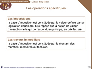 Agence de Mutualisation des Universités et Établissements - Formation à la TVA - Septembre 2003 © 73
Les opérations spécifiques
Les importations
la base d'imposition est constituée par la valeur définie par la
législation douanière. Elle repose sur la notion de valeur
transactionnelle qui correspond, en principe, au prix facturé.
La base d'imposition et les taux La base d'imposition
Les travaux immobiliers
la base d'imposition est constituée par le montant des
marchés, mémoires ou factures.
 