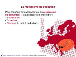 Agence de Mutualisation des Universités et Établissements - Formation à la TVA - Septembre 2003 © 81
Le mécanisme de déduction
Pour connaître le fonctionnement du mécanisme
de déduction, il faut successivement étudier :
- la naissance,
- l'ouverture,
- l'étendue du droit à déduction.
 