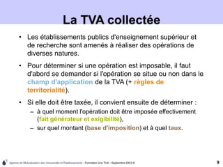 Agence de Mutualisation des Universités et Établissements - Formation à la TVA - Septembre 2003 © 9
La TVA collectée
• Les établissements publics d'enseignement supérieur et
de recherche sont amenés à réaliser des opérations de
diverses natures.
• Pour déterminer si une opération est imposable, il faut
d'abord se demander si l'opération se situe ou non dans le
champ d'application de la TVA (+ règles de
territorialité).
• Si elle doit être taxée, il convient ensuite de déterminer :
– à quel moment l'opération doit être imposée effectivement
(fait générateur et exigibilité),
– sur quel montant (base d'imposition) et à quel taux.
 