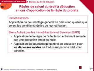 Agence de Mutualisation des Universités et Établissements - Formation à la TVA - Septembre 2003 © 97
Règles de calcul du droit à déduction
en cas d'application de la règle du prorata
Immobilisations
Application du pourcentage général de déduction quelles que
soient les conditions réelles de leur utilisation.
Étendue du droit à déduction
Le mécanisme de déduction
Biens Autres que les Immobilisations et Services (BAIS)
• Application de la règle de l’affectation entraînant selon le
cas une déduction totale ou nulle.
• Application du pourcentage général de déduction pour
les dépenses mixtes se traduisant par une déduction
partielle.
 