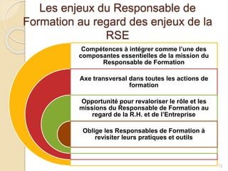 Les enjeux du Responsable de
Formation au regard des enjeux de la
RSE
12
Compétences à intégrer comme l’une des
composantes essentielles de la mission du
Responsable de Formation
Axe transversal dans toutes les actions de
formation
Opportunité pour revaloriser le rôle et les
missions du Responsable de Formation au
regard de la R.H. et de l’Entreprise
Oblige les Responsables de Formation à
revisiter leurs pratiques et outils
 