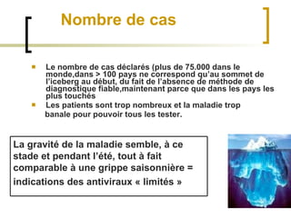     Nombre de cas Le nombre de cas déclarés (plus de 75.000 dans le monde,dans > 100 pays ne correspond qu’au sommet de l’iceberg au début, du fait de l’absence de méthode de diagnostique fiable,maintenant parce que dans les pays les plus touchés Les patients sont trop nombreux et la maladie trop banale pour pouvoir tous les tester. La gravité de la maladie semble, à ce stade et pendant l’été, tout à fait comparable à une grippe saisonnière = indications des antiviraux « limités » 