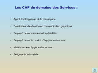 Les CAP du domaine des Services :   Agent d’entreposage et de messagerie  Dessinateur d’exécution en communication graphique  Employé de commerce multi spécialités  Employé de vente produit d’équipement courant  Maintenance et hygiène des locaux  Sérigraphie industrielle  