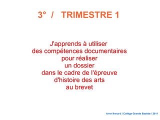3°  /  TRIMESTRE 1  J'apprends à utiliser  des compétences documentaires pour réaliser un dossier dans le cadre de l'épreuve d'histoire des arts au brevet Anne Bresard  / Collège Grande Bastide / 2011 