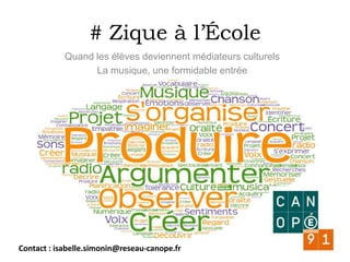 # Zique à l’École
Quand les élèves deviennent médiateurs culturels
La musique, une formidable entrée
Contact : isabelle.simonin@reseau-canope.fr
 