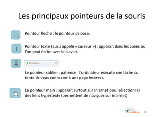 Les principaux pointeurs de la souris
Pointeur flèche : le pointeur de base.
Pointeur texte (aussi appelé « curseur ») : apparait dans les zones où
l’on peut écrire avec le clavier.
Le pointeur sablier : patience ! l’ordinateur exécute une tâche ou
tente de vous connecter à une page internet.
Le pointeur main : apparait surtout sur Internet pour sélectionner
des liens hypertexte (permettent de naviguer sur internet).
10
 