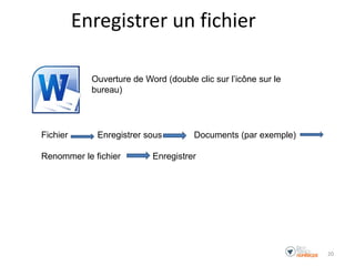 Enregistrer un fichier
Ouverture de Word (double clic sur l’icône sur le
bureau)
Fichier Enregistrer sous Documents (par exemple)
Renommer le fichier Enregistrer
20
 