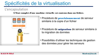 Spécificités de la virtualisation
L’encapsulation
L’Etat complet d’une machine virtuelle est contenu dans un fichier.

• Procédure de provisionnement de serveur
similaire à la copie d’un fichier
• Procédure de migration de serveur similaire à
la migration de données
• Possibilités d’utiliser les techniques de gestion
des données pour gérer les serveurs

KALEM Bilal

bkalem@ios.dz

 