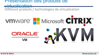 Présentation des produits de
virtualisation

Différent produits / technologies de virtualisation

KALEM Bilal

bkalem@ios.dz

 