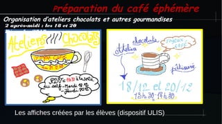 Préparation du café éphémère 
Organisation d’ateliers chocolats et autres gourmandises
Les affiches créées par les élèves (dispositif ULIS)
2 après-midi : les 18 et 20
Décembre2018
 