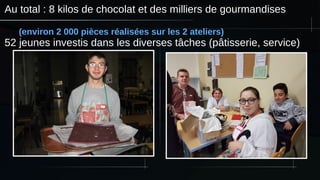 Au total : 8 kilos de chocolat et des milliers de gourmandises
(environ 2 000 pièces réalisées sur les 2 ateliers)
52 jeunes investis dans les diverses tâches (pâtisserie, service)
 