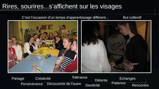 Rires, sourires...s’affichent sur les visages
C’est l’occasion d’un temps d’apprentissage différent...
Partage Créativité Détente Echanges
Dextérité
PatiencePersévérance
But collectif
Tolérance
Découverte de l’autre Rencontre
 