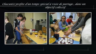 Chacun(e) profite d’un temps spécial à visée de partage , dans un
objectif collectif
 