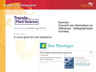 Rédiger une bibliographieRédiger une bibliographie
THÈSE
Saur E. (1989). Nutrition oligo-minérale du pin maritime:
interaction phosphore-cuivre. Thèse de doctorat :
Sciences agronomiques : Vandoeuvre-les-Nancy, 184 p.
 