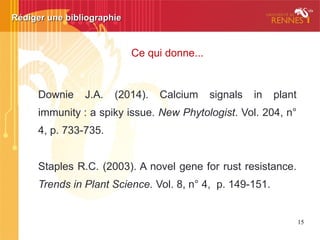 Rédiger une bibliographieRédiger une bibliographie
ARTICLE
Strullu-Derrien C., Strullu D.-G. (2007). Mycorrhization of
fossil and living plants. Comptes rendus Palevol. Vol. 6,
n° 6-7, p. 483-494.
 