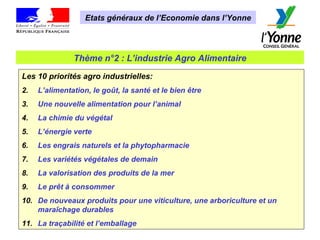 Les 10 priorités agro industrielles: L’alimentation, le goût, la santé et le bien être  Une nouvelle alimentation pour l’animal  La chimie du végétal  L’énergie verte  Les engrais naturels et la phytopharmacie  Les variétés végétales de demain  La valorisation des produits de la mer  Le prêt à consommer  De nouveaux produits pour une viticulture, une arboriculture et un maraîchage durables  La traçabilité et l’emballage Etats généraux de l’Economie dans l’Yonne Thème n°2 : L’industrie Agro Alimentaire 