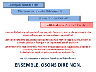 Désengagement de l’état Mise en concurrence des établissements Mise au pas des enseignants Le  libéralisme  s’invite à l’école… Le même libéralisme qui, appliqué aux marchés financiers, nous a plongés dans la crise catastrophique que nous connaissons aujourd’hui. Le même libéralisme qui, en France et partout dans le monde depuis 30 ans, détruit les services publics, « fabrique » de la pauvreté et de l’exclusion. Le libéralisme qui veut aujourd’hui nous faire troquer  nos valeurs républicaines  d’égalité, de solidarité, de fraternité contre de nouvelles valeurs : individualisme, appât du gain, compétition, loi du plus fort. ENSEMBLE, OSONS DIRE NON. Les mêmes causes produiront les mêmes effets à l’école. 