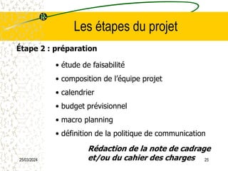 25/03/2024 25
Les étapes du projet
Étape 2 : préparation
• étude de faisabilité
• composition de l’équipe projet
• calendrier
• budget prévisionnel
• macro planning
• définition de la politique de communication
Rédaction de la note de cadrage
et/ou du cahier des charges
 