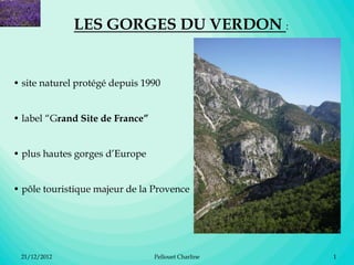 LES GORGES DU VERDON :


• site naturel protégé depuis 1990


• label “Grand Site de France”


• plus hautes gorges d’Europe


• pôle touristique majeur de la Provence




 21/12/2012                      Pellouet Charline   1
 