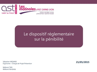 Sébastien MEDARD
Ergonome – Chargé de Projet Prévention
Référent TMS
Référent Pénibilité
Le dispositif réglementaire
sur la pénibilité
21/05/2015
 