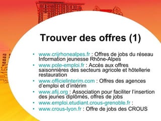 Trouver des offres (1) www.crijrhonealpes.fr  : Offres de jobs du réseau Information jeunesse Rhône-Alpes www.pole-emploi.fr  : Accès aux offres saisonnières des secteurs agricole et hôtellerie restauration www.officielinterim.com  : Offres des agences d’emploi et d’intérim www.afij.org  : Association pour faciliter l’insertion des jeunes diplômés, offres de jobs www.emploi.etudiant.crous-grenoble.fr  : www.crous-lyon.fr  : Offre de jobs des CROUS 